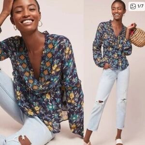 Anthropologie Meadow Rue Navy and Yellow Floral Blouse